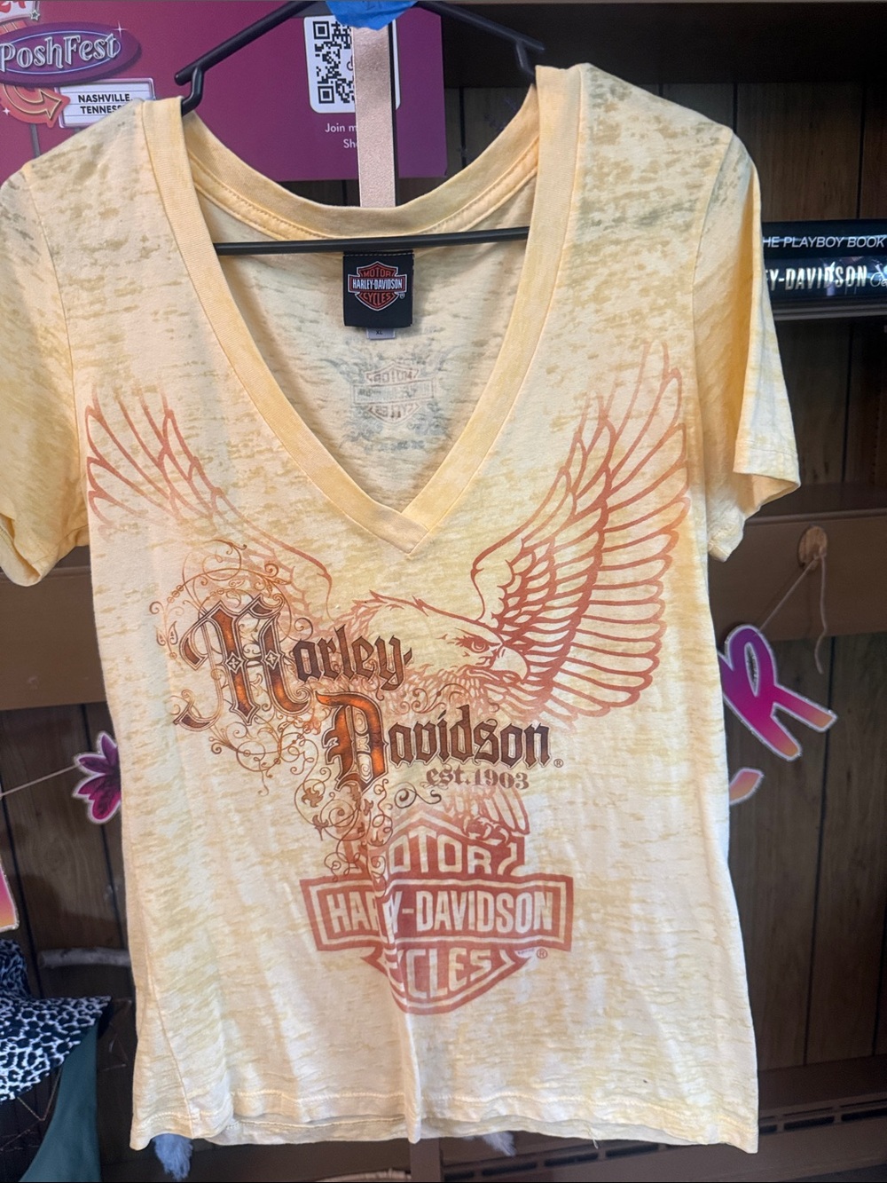 Harley-Davidson Yellow Burnout V-Neck Tee with Orange Graphic